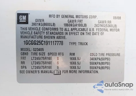 2009 Chevrolet Express 2500 Work Van z USA, uszkodzony, nr VIN 1GCGG25C191117778